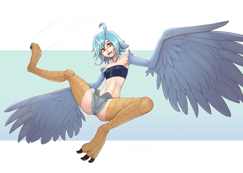 1girl ahoge bare_shoulders bird_legs blue_background blue_feathers blue_hair blue_wings breasts commentary cutoffs denim denim_shorts digitigrade english_commentary feathered_wings feathers hair_between_eyes harpy highres looking_at_viewer midriff monster_girl monster_musume_no_iru_nichijou navel open_fly open_mouth papi_(monster_musume) scales short_hair shorts small_breasts solo talons teeth two-tone_background upper_teeth_only white_background winged_arms wings yellow_eyes yorzisowo