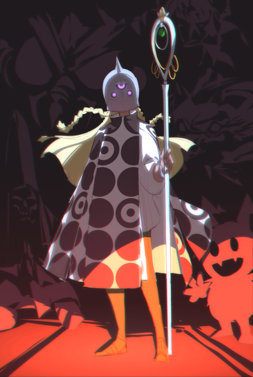 1girl 1other 2boys absurdres atlus beelzebub_(megami_tensei) blonde_hair braid cerberus_(megami_tensei) company_connection daisoujou_(megami_tensei) eupha_(metaphor:_refantazio) glowing glowing_eyes helm helmet highres holding holding_staff jack_frost_(megami_tensei) long_hair metaphor:_refantazio monster multiple_boys multiple_braids purple_eyes seuhyo99 shin_megami_tensei side_braid skeleton staff standing thor_(megami_tensei)