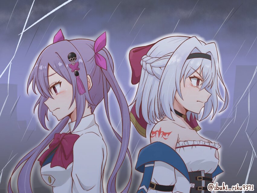2girls arm_at_side arm_belt assault_lily back-to-back bare_shoulders belt belt_buckle black_belt black_choker bow bowtie braid breasts buckle building choker cleavage_cutout closed_mouth clothing_cutout collarbone commentary_request corset day frilled_shirt_collar frills from_side grey_hair hair_between_eyes hair_bow hair_intakes hair_ornament hair_ribbon half_up_braid heart heart_choker herensuge_girls_academy_school_uniform highres ibuki_riku jacket light_blush looking_ahead looking_down matsumura_fuuka medium_breasts medium_hair multiple_girls off_shoulder open_clothes open_jacket outdoors overcast pink_eyes pink_ribbon purple_hair rain raised_eyebrows red_bow red_bowtie ribbon school_uniform shirt shoulder_tattoo silhouette sky strapless strapless_shirt tassel tassel_hair_ornament tattoo torii_miho twintails twitter_username underbust upper_body v-shaped_eyebrows white_background white_jacket white_shirt
