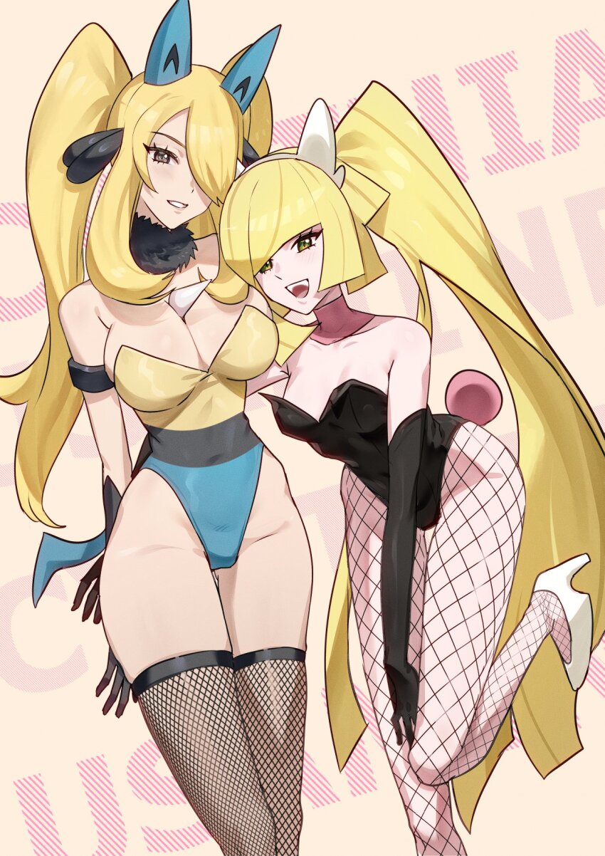 2girls :d alternate_hairstyle animal_ears bare_shoulders black_gloves black_leotard blonde_hair breasts cleavage cosplay cynthia_(pokemon) elbow_gloves fishnet_pantyhose fishnet_thighhighs fishnets fur_collar gen_4_pokemon gloves green_eyes grey_eyes grin hair_ornament hair_over_one_eye hairband highres large_breasts leaning_forward leotard long_hair looking_at_viewer lopunny lopunny_(cosplay) lucario lucario_(cosplay) lusamine_(pokemon) mature_female medium_breasts multicolored_leotard multiple_girls nintendo nontraditional_playboy_bunny open_mouth pantyhose parted_lips pokemon pokemon_dppt pokemon_sm rabbit_tail ryairyai smile standing standing_on_one_leg tail thighhighs twintails two-tone_leotard very_long_hair