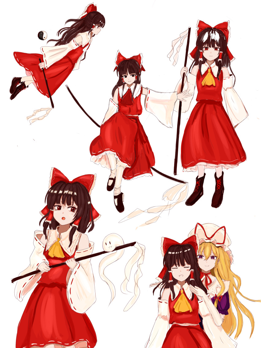 2girls 83mkneinlsqmebq absurdres bare_shoulders behind_another blonde_hair blush boots bow brown_hair choker detached_sleeves dress elbow_gloves full_body gloves gohei hair_between_eyes hair_tubes hakurei_reimu hat highres holding holding_another&#039;s_hair holding_gohei long_hair mob_cap multiple_girls neckerchief open_mouth orb purple_dress purple_eyes red_bow red_eyes red_neckerchief red_shirt red_skirt ribbon_choker shirt shoes short_sleeves skirt smile touhou upper_body variations very_long_hair white_background white_gloves yakumo_yukari yellow_neckerchief yin_yang yin_yang_orb