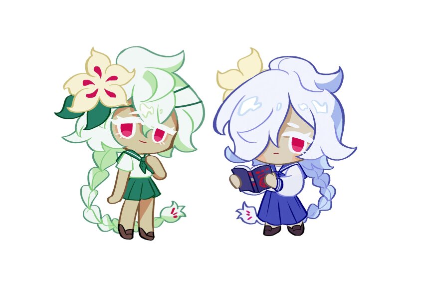2girls :| absurdly_long_hair aged_down arm_at_side blue_bow blue_bowtie blue_sailor_collar blue_skirt blue_sleeve_cuffs book bow bowtie braid braided_ponytail brown_shoes closed_mouth commentary cookie_run cookie_run:_kingdom double-parted_bangs dual_persona english_commentary flower full_body geruideyundongxie green_neckerchief green_sailor_collar green_skirt hair_between_eyes hair_flower hair_ornament hair_over_one_eye hand_on_own_chest highres holding holding_book loafers long_hair long_skirt long_sleeves looking_at_viewer miniskirt multiple_girls neckerchief no_pupils one_eye_covered open_book pleated_skirt puffy_long_sleeves puffy_sleeves red_eyes sailor_collar school_uniform shirt shoes short_sleeves simple_background single_braid skirt smile summer_uniform very_long_hair white_background white_hair white_lily_cookie white_shirt winter_uniform yellow_flower