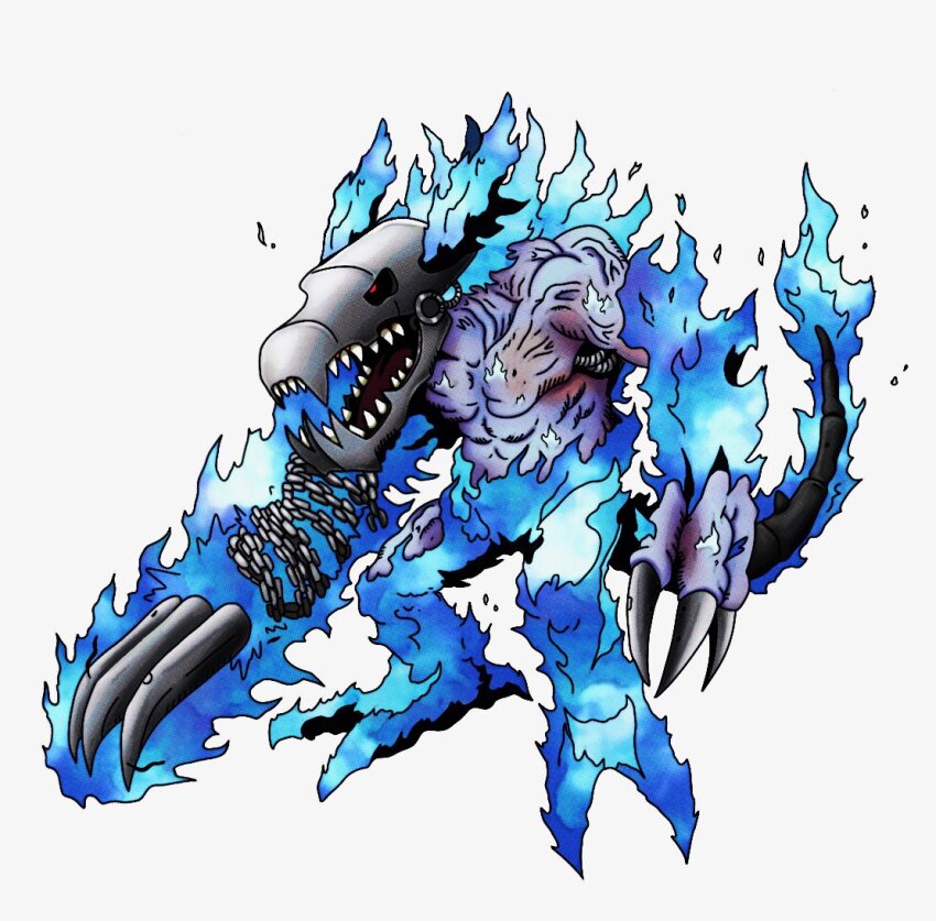 1other blue_fire deathmeramon digimon digimon_(creature) fire flarelizamon original other_focus simple_background solo white_background