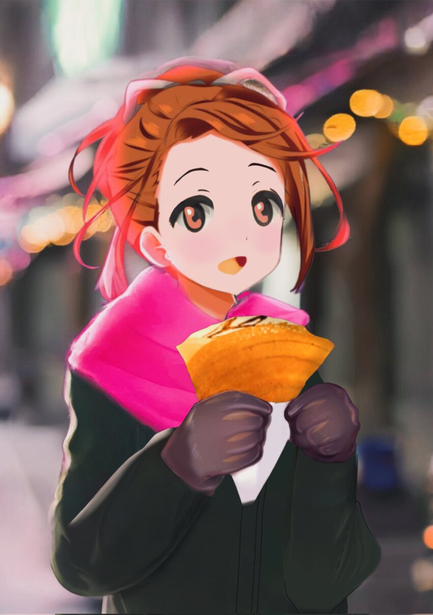1girl 22/7 black_gloves black_ribbon blurry brown_eyes brown_hair depth_of_field gloves green_jacket hair_ribbon high_ponytail highres jacket kono_miyako long_sleeves looking_at_viewer open_mouth outdoors pink_scarf ponytail ribbon riyanonino scarf solo upper_body white_ribbon