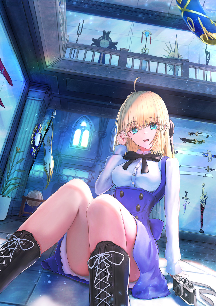 1girl alternate_costume aomaru_(shta-chu-jisuiai) arm_support artoria_pendragon_(fate) bident black_legwear blonde_hair blue_eyes boots breasts buttons camera double-breasted ea_(fate) excalibur_(fate/stay_night) fate/grand_order fate_(series) globe hands_in_own_hair highres indoors kanshou_&amp;_bakuya_(fate) lace-up_boots medium_breasts medium_hair object_request plant polearm potted_plant rulebreaker saber_(fate) saber_lily smile solo teeth thighs upper_teeth_only weapon weapon_request window