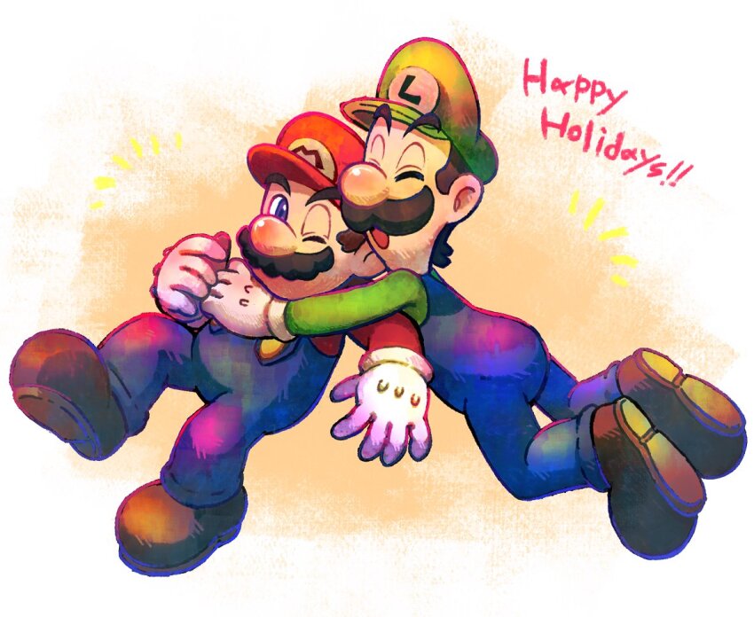 2boys blue_eyes blue_overalls boots brothers brown_footwear brown_hair closed_eyes co_co_mg english_text facial_hair gloves green_headwear green_shirt hug luigi male_focus mario mario_(series) multiple_boys mustache nintendo one_eye_closed open_mouth overalls red_headwear red_shirt shirt short_hair siblings white_gloves