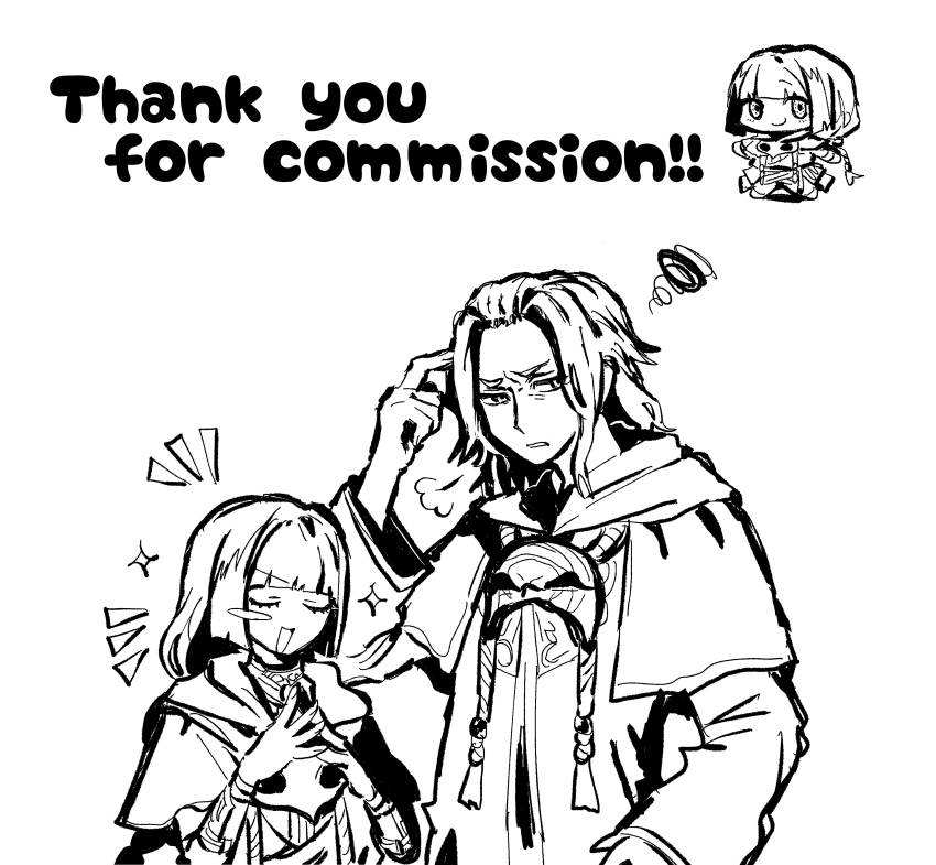 1boy 1girl absurdres annoyed azem_(ff14) chibi commission emet-selch final_fantasy final_fantasy_xiv greyscale highres long_hair mask mask_around_neck medium_hair monochrome own_hands_together plqq5k7vtg89462 satisfied skeb_commission talking warrior_of_light_(ff14)
