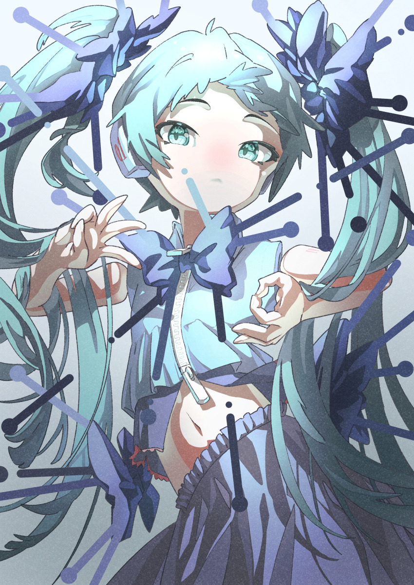 1girl absurdres blue_bow blue_bowtie blue_eyes blue_hair blue_shirt blue_skirt bow bowtie closed_mouth commentary cowboy_shot detached_arm detached_hair grey_background hatsune_miku headphones highres long_hair looking_at_viewer midriff navel nico-tine ok_sign original shirt skirt sleeveless sleeveless_shirt solo twintails very_long_hair vocaloid zipper zipper_pull_tab
