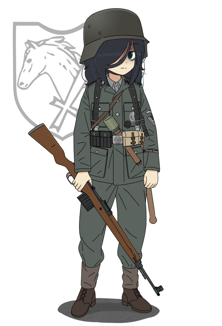 1girl absurdres alternate_costume assault_rifle bags_under_eyes belt black_belt black_cat03 black_hair boots brown_boots clenched_hand closed_mouth combat_helmet commentary commission dot_nose emblem english_commentary explosive full_body green_eyes green_jacket green_pants grenade grey_shirt gun hair_over_one_eye helmet highres holding holding_gun holding_weapon jacket kuroki_tomoko long_sleeves looking_at_viewer medium_hair military_uniform nazi pants rifle shirt simple_background soldier solo waffen-ss watashi_ga_motenai_no_wa_dou_kangaetemo_omaera_ga_warui! weapon weapon_request white_background