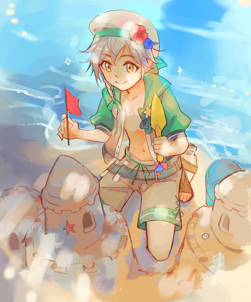1boy anocurry beach braid braided_sidelock building_sand_sculpture clanne_(fire_emblem) clanne_(summer)_(fire_emblem) closed_mouth commentary english_commentary fire_emblem fire_emblem_engage fire_emblem_heroes flag green_jacket grey_hair grey_shorts highres holding holding_flag holding_shovel jacket male_focus navel nintendo official_alternate_costume open_clothes open_jacket outdoors red_flag sand sand_castle sand_sculpture short_hair shorts shovel single_braid sitting smile solo sparkle water yellow_eyes