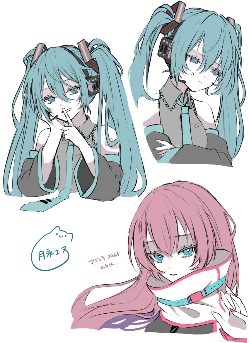 2girls :d :t anger_vein averting_eyes bare_shoulders black_sleeves blue_eyes blue_hair blue_necktie collared_shirt cropped_torso crossed_arms detached_sleeves frilled_shirt frills grey_shirt grin hair_between_eyes hatsune_miku headset high_collar highres long_hair long_sleeves looking_at_viewer looking_to_the_side magical_mirai_(vocaloid) magical_mirai_luka magical_mirai_luka_(2023) megurine_luka microphone multiple_girls multiple_views naguno-0713 nail_polish necktie open_mouth pink_hair pink_nails pout shirt sidelocks simple_background sleeveless sleeveless_shirt smile straight_hair teeth tie_clip twintails very_long_hair vocaloid watermark white_background
