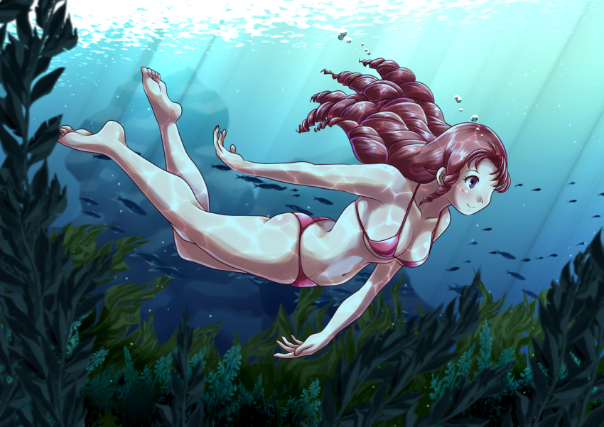 1girl ass bikini breasts brown_hair butt_crack cleavage commission drill_hair foxeye foxeye_fox freediving long_hair original pixiv_commission ringlets school_of_fish smile swimming swimsuit tagme underwater