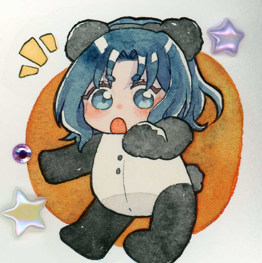 1girl :o alternate_costume animal_costume animal_ears blue_eyes blue_hair blush commentary_request fake_animal_ears full_body grey_background looking_at_viewer miyako_yoshika notice_lines open_mouth orange_background painting_(medium) panda_costume panda_ears pppppks short_hair solo star_(symbol) touhou traditional_media watercolor_(medium)