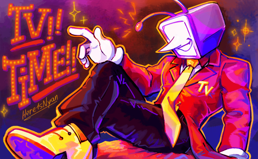 1boy absurdres ant_tenna artist_name belt belt_buckle black_belt black_pants buckle commentary crossed_legs crt deltarune english_commentary english_text gloves here1snyan highres male_focus necktie object_head pants pointy_nose shoes sitting smile solo sparkle tailcoat white_gloves yellow_necktie yellow_shoes