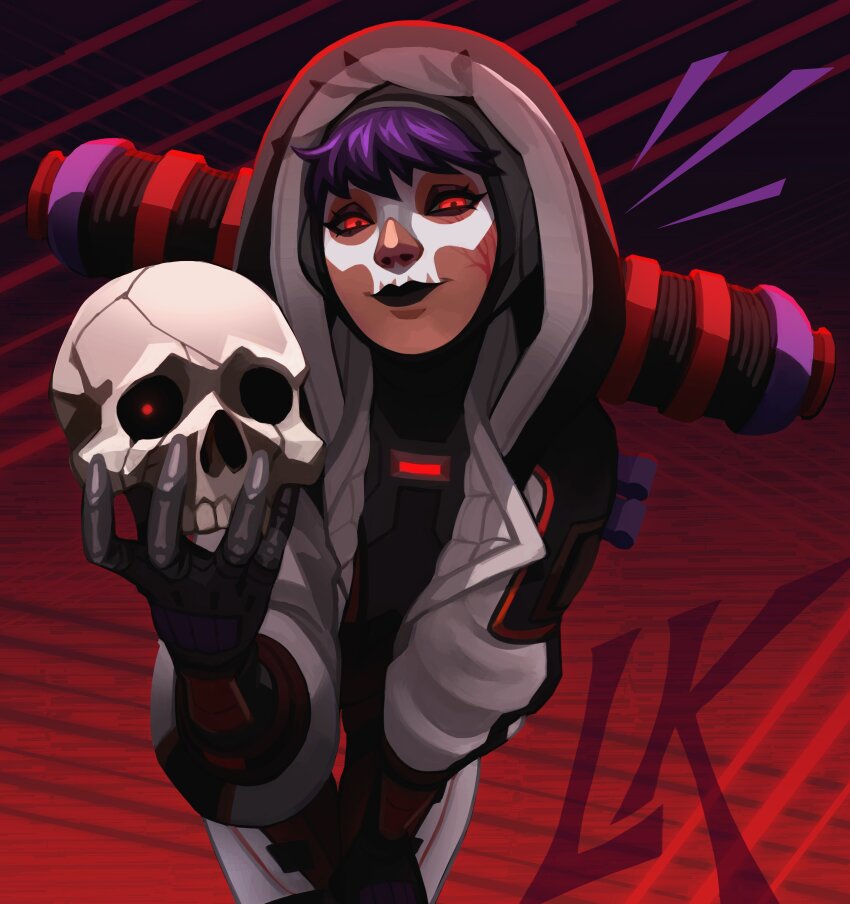 1girl absurdres apex_legends artist_name black_bodysuit black_gloves black_jacket black_lips bodysuit facepaint facial_scar gloves glowing glowing_eyes halloween highres holding holding_skull hood hood_up hooded_bodysuit hooded_jacket jacket lila_(lilakeylk) notice_lines official_alternate_color purple_hair red_eyes red_lips scar scar_on_cheek scar_on_face skull skull_print smile solo wattson_(apex_legends)