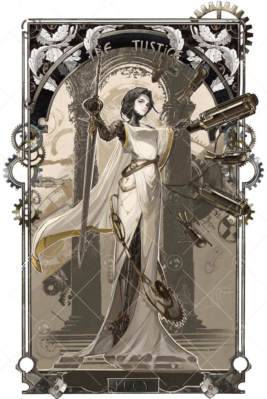 1girl absurdres alternate_costume android arch border brown_background brown_hair card_(medium) character_name dress full_body gears gu_xiansheng highres holding holding_sword holding_weapon joints justice_(tarot) long_dress lucy_(reverse:1999) metal_skin ornate_border outstretched_arms pillar railgun reverse:1999 robot_girl robot_joints short_hair side_slit solo spread_arms standing sword tarot tarot_(medium) watermark watermark_grid weapon white_dress yellow_eyes
