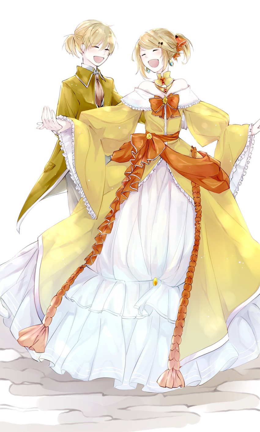 1boy 1girl aku_no_meshitsukai_(vocaloid) aku_no_musume_(vocaloid) allen_avadonia ascot backlighting bare_shoulders blonde_hair bow brooch brother_and_sister choker closed_eyes dress dress_bow dress_flower earrings evillious_nendaiki flat_chest flower frilled_choker frilled_dress frilled_sleeves frills hair_ornament hairclip happy highres holding jacket jewelry kagamine_len kagamine_rin long_sleeves off_shoulder open_mouth orange_bow pale_skin petticoat ponytail riliane_lucifen_d&#039;autriche rose short_ponytail siblings smile tomari_drew twins vocaloid white_background wide_sleeves yellow_choker yellow_dress yellow_flower yellow_jacket yellow_rose