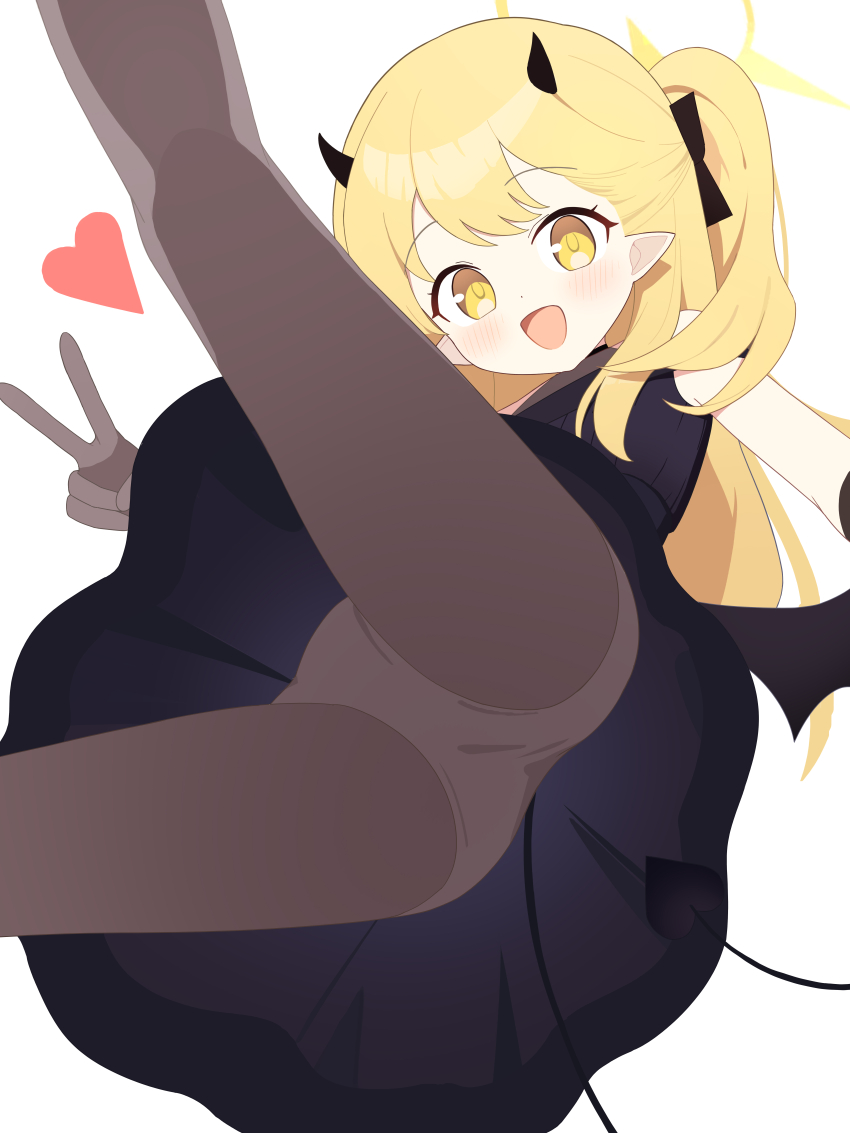 1girl absurdres black_dress black_horns black_pantyhose black_tail black_wings blonde_hair blue_archive demon_girl demon_horns demon_tail demon_wings dress from_below halo heart highres horns ibuki_(blue_archive) ibuki_(dress)_(blue_archive) loli long_hair looking_at_viewer mou_banlangen official_alternate_costume open_mouth panties panties_under_pantyhose pantyhose pointy_ears side_ponytail simple_background smile solo tail underwear v white_background wings yellow_eyes yellow_halo