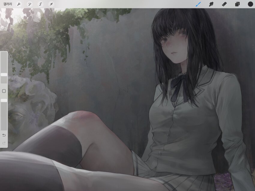 1girl arms_at_sides art_program_in_frame black_eyes black_hair black_socks blazer blue_bow blue_bowtie bow bowtie closed_mouth collared_shirt expressionless highres jacket kara_no_shoujo kneehighs kuchiki_touko lapels looking_at_viewer lulu_(13093se) outdoors pleated_skirt school_uniform shirt sitting skirt socks solo white_jacket white_shirt white_skirt