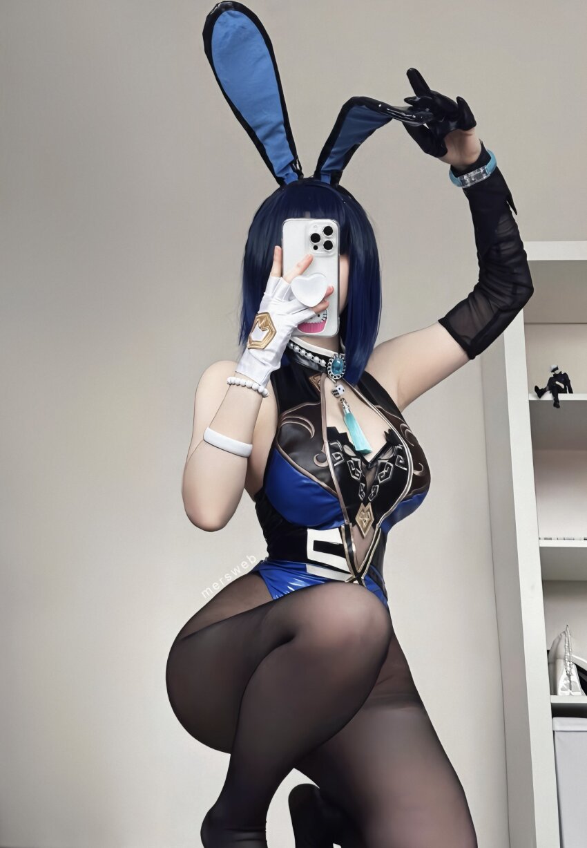 1girl armpits black_hair cellphone cosplay cosplay_photo genshin_impact highres pantyhose phone photo_(medium) rabbit_ears real_life selfie solo yelan_(genshin_impact) yelan_(genshin_impact)_(cosplay)