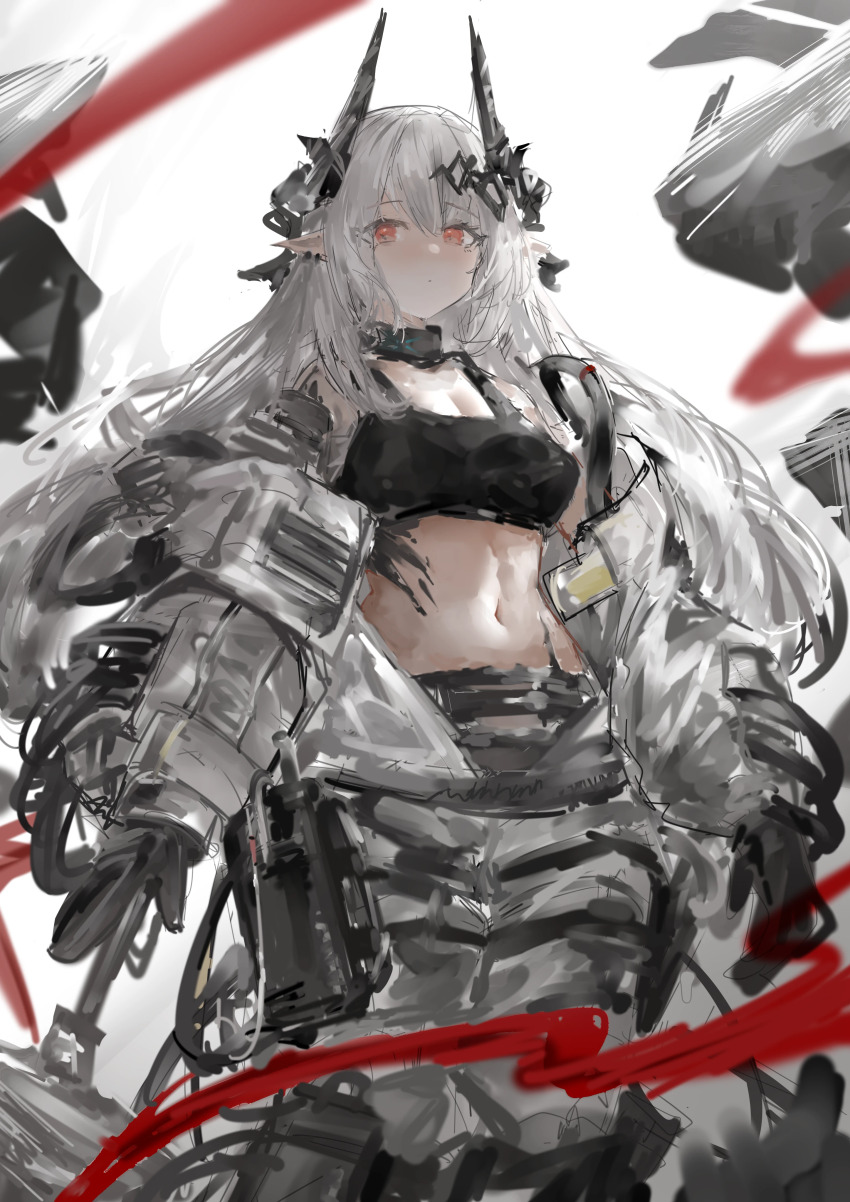 1girl absurdres arknights black_gloves black_horns black_sports_bra blush breasts chinese_commentary closed_mouth commentary_request dot_mouth expressionless gloves grey_jumpsuit hammer highres holding holding_hammer horns jumpsuit laoshi_wo_hao_e long_hair looking_at_viewer material_growth medium_breasts midriff mudrock_(arknights) mudrock_(elite_ii)_(arknights) open_jumpsuit oripathy_lesion_(arknights) pointy_ears red_eyes sledgehammer solo sports_bra white_hair