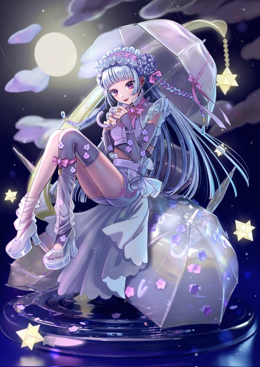 1girl absurdres blue_hair blush bow bow_choker character_request choker copyright_request earrings floating_earrings flower frilled_hairband frills hairband heart heart_in_eye highres holding holding_umbrella jewelry light_blue_hair night night_sky open_mouth pink_bow ring sky solo symbol_in_eye tagme umbrella umbrella_flower usagiboshi_shizuka water