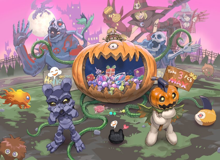 2girls absurdres appmon blue-eyes_white_dragon body_fur botamon brown_fur character_request closed_mouth crossover digimon digimon_universe:_appli_monsters dragon dress duel_monster english_text gottsumon halloween hat highres horns in-franchise_crossover kuriboh level-00 multiple_girls outdoors petimeramon pink_dress pumpkin pumpking_the_king_of_ghosts pumpmon red_dress rock single_horn skull_servant stuffed_toy tunomon warudamon witch witch_hat witchmon yu-gi-oh!