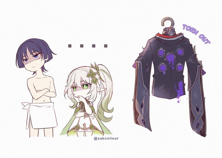 ... 1boy 1girl armlet asymmetrical_sidelocks averting_eyes bare_arms bare_shoulders black_hair bloomers blunt_ends bright_pupils cape closed_mouth collarbone colored_tips covering_own_mouth cropped_legs cross-shaped_pupils crossed_arms detached_sleeves dress empty_eyes eyeliner eyeshadow genshin_impact gold gold_trim green_cape green_eyes green_hair green_sleeves hair_between_eyes hair_intakes hair_ornament hand_over_own_mouth head_tilt heart heart_hair_ornament jewelry long_hair looking_at_another looking_up makeup midriff multicolored_hair nahida_(genshin_impact) navel parted_bangs pointy_ears purple_eyes red_eyeliner red_eyeshadow sakon04 scaramouche_(genshin_impact) shaded_face side-tie side_ponytail side_slit sidelocks streaked_hair symbol-shaped_pupils topless_male towel towel_around_waist twitter_username underwear white_background white_bloomers white_dress white_hair white_pupils x_navel