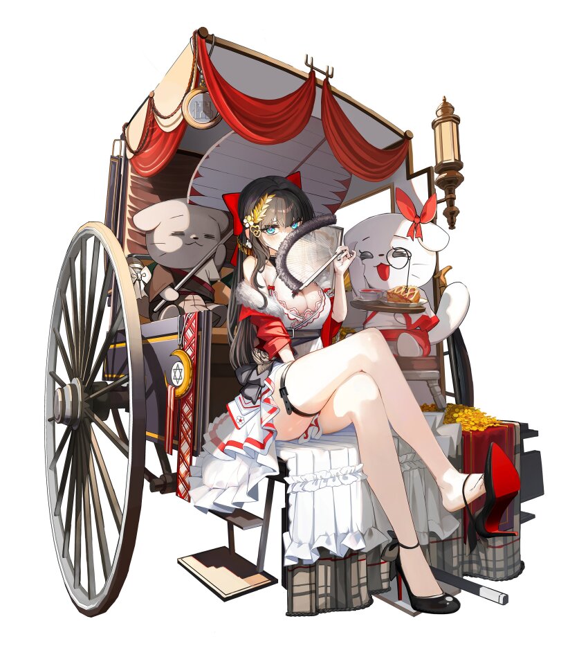 1girl absurdres black_hair black_shoes blue_eyes blush bow braid breasts card_(medium) carriage chariot cleavage covering_face crossed_legs folding_fan food full_body fur_trim haedungi_(shirayuki_hina) hair_bow hair_ornament hand_fan heart heart_hair_ornament high_heels highres holding holding_fan holding_tray large_breasts long_hair looking_at_viewer monocle patent_heels pie pumps red_bow red_soles roman_numeral shirayuki_hina shoe_dangle shoes simple_background single_braid sitting slow_2pin solo stellive stiletto_heels tarot tea the_chariot_(tarot) thigh_strap tray virtual_youtuber wheel white_background