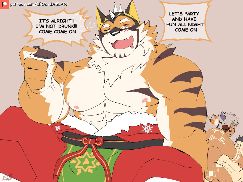 &gt;_&lt; 3boys abs animal_ears bara blurry blush bulge christmas cow_boy cow_ears cow_horns crossover depth_of_field drooling drunk english_text eye_black facial_hair glowing_horns goatee highres horns huge_pectorals implied_sex large_hands leoandaslan_(leobongnana) live_a_hero male_focus mask mature_male mouth_drool multiple_boys muscular muscular_male navel navel_hair nipples official_alternate_costume one_eye_closed orange_fur pelvic_curtain promotional_art protagonist_3_(housamo) ryekie_(drunk_tiger)_(live_a_hero) ryekie_(live_a_hero) santa_costume short_hair sideburns solid_circle_eyes tiger_boy tiger_ears tokyo_houkago_summoners topless_male tribal two-tone_fur wakan_tanka wakan_tanka_mugen white_fur yaoi