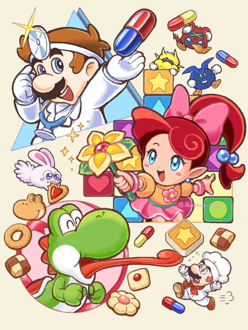 1girl 2boys :d animal blue_eyes blush blush_stickers bow brown_hair character-themed_food checkerboard_cookie chef_hat chibi chibi_only commentary cookie crossover doctor dr._mario dr._mario_(game) dual_persona facial_hair flower flying_sweatdrops food furifuri_(panel_de_pon) gloves hair_bow hair_ornament happy hat head_mirror highres holding holding_flower lab_coat lip_(panel_de_pon) long_hair long_tongue mario mario_(chef) mario_(series) multiple_boys mustache nintendo open_mouth pale_skin panel_de_pon pill ponytail rabbit red_hair short_hair smile sparkle staff stethoscope suruga_kanade teeth tongue tongue_out upper_teeth_only virus_(dr._mario) white_gloves white_hat white_rabbit_(animal) yoshi yoshi&#039;s_cookie