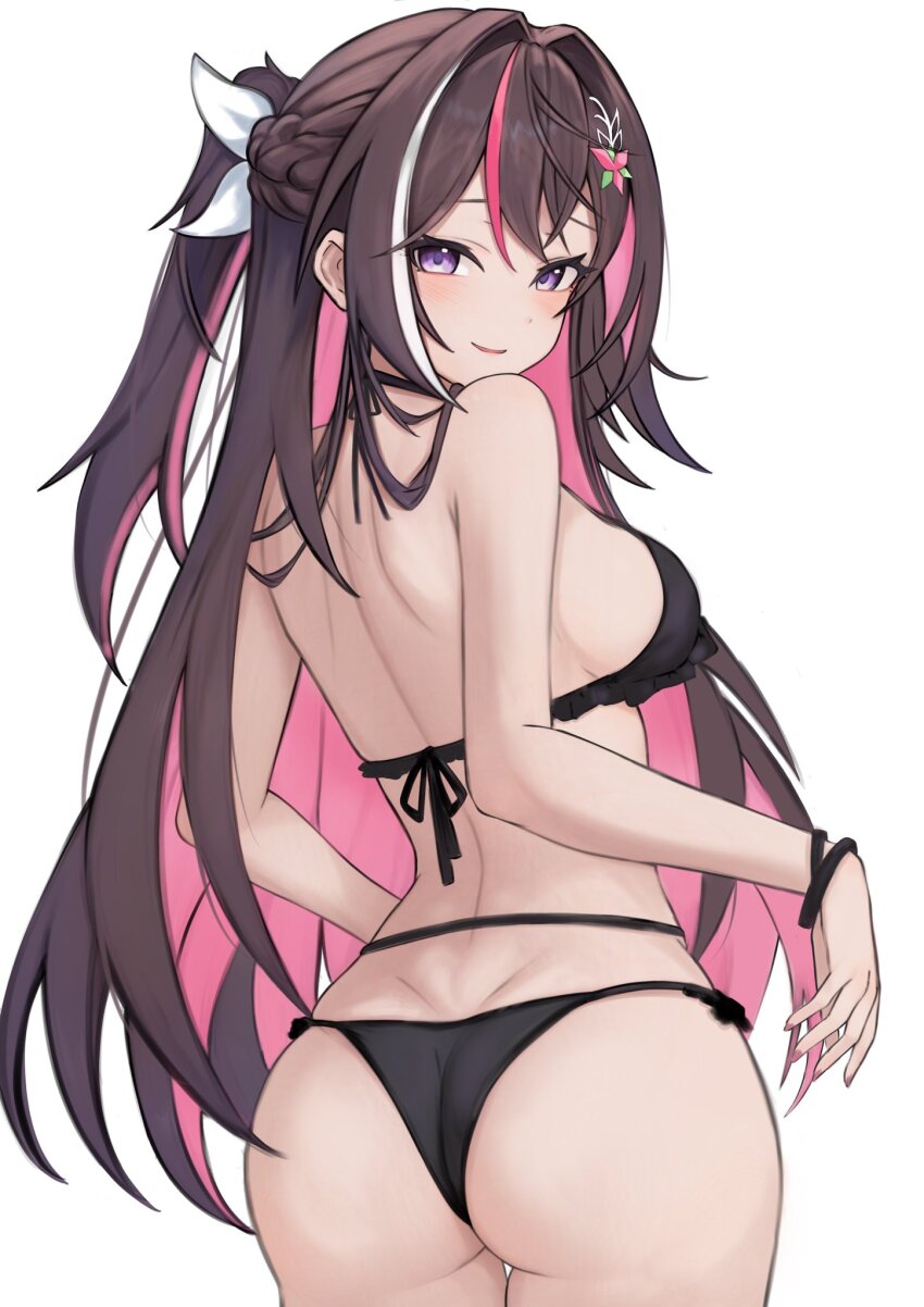 1girl ass azki_(hololive) back bikini black_bikini bracelet braid breasts brown_hair closed_mouth colored_inner_hair cowboy_shot crown_braid dorahd01 from_behind hair_intakes hair_ornament hair_ribbon highres hololive jewelry long_hair looking_at_viewer looking_back medium_breasts multicolored_hair pink_hair pink_streaks purple_eyes ribbon sideboob simple_background smile solo streaked_hair swimsuit virtual_youtuber white_background white_ribbon white_streaks
