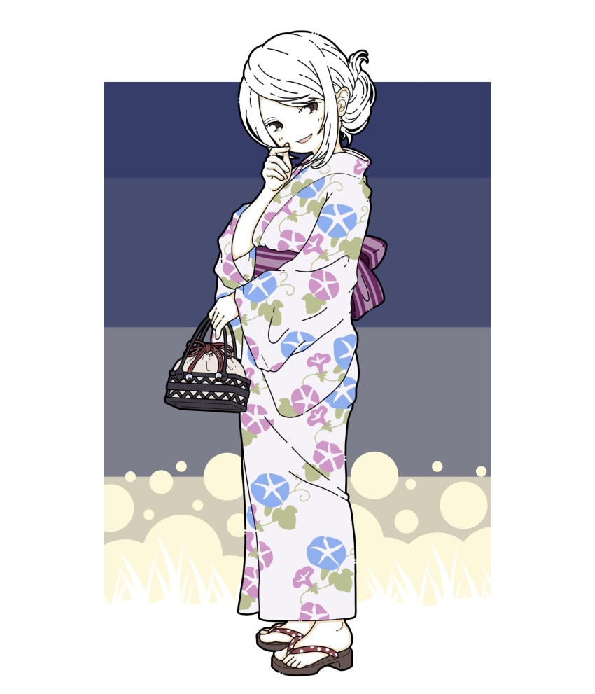 1girl absurdres bag blue_background border floral_print from_side geta gradient_background hair_bun head_tilt highres holding holding_bag japanese_clothes kimono looking_at_viewer morning_glory_print nonnki obi original outside_border sandals sash sidelocks smile white_border yukata