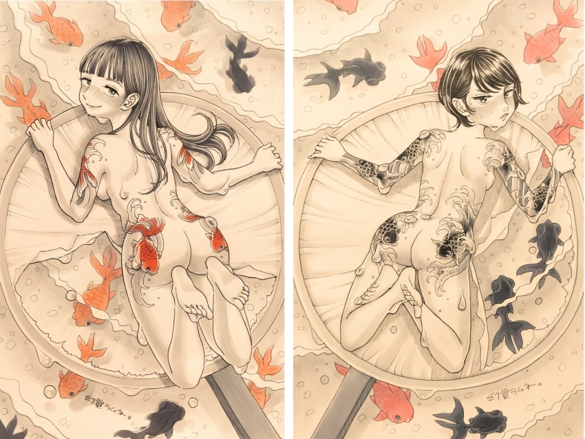 2girls arm_tattoo ass ass_tattoo blunt_bangs blush breasts feet fish fish_tattoo from_above genkakuramune goldfish highres irezumi long_hair looking_at_viewer looking_back medium_breasts multiple_girls nude original short_hair smile soles spot_color symmetry tattoo traditional_media water wave_tattoo