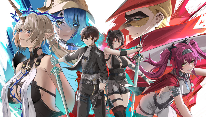 2boys 4girls absurdres anoreika_tomoe armor bare_shoulders black_dress black_gloves black_hair black_jacket black_pants black_sclera black_shorts blonde_hair blue_eyes blue_hair bodysuit breastplate breasts closed_mouth colored_inner_hair colored_sclera commentary cristoforo_(wuthering_waves) cross-laced_clothes cross-laced_dress crown_of_thorns dress dual_persona earrings elbow_pads english_commentary eye_mask female_rover_(wuthering_waves) fleurdelys_(wuthering_waves) floating_earrings gloves grey_shirt hair_between_eyes hairband headgear heterochromia highres holding holding_sword holding_weapon horns huge_breasts jacket jewelry long_hair looking_at_viewer lupa_(wuthering_waves) male_rover_(wuthering_waves) medium_breasts metal_hairband mismatched_sclera multicolored_hair multiple_boys multiple_girls mya_(wuthering_waves) necklace pants parted_lips pink_hair pointy_ears pouch red_sash rover_(wuthering_waves) sash shirt short_shorts shorts sidelocks single_horn smile sword tacet_mark_(wuthering_waves) thigh_pouch thighs very_long_hair weapon white_bodysuit wuthering_waves yellow_eyes yellow_horns