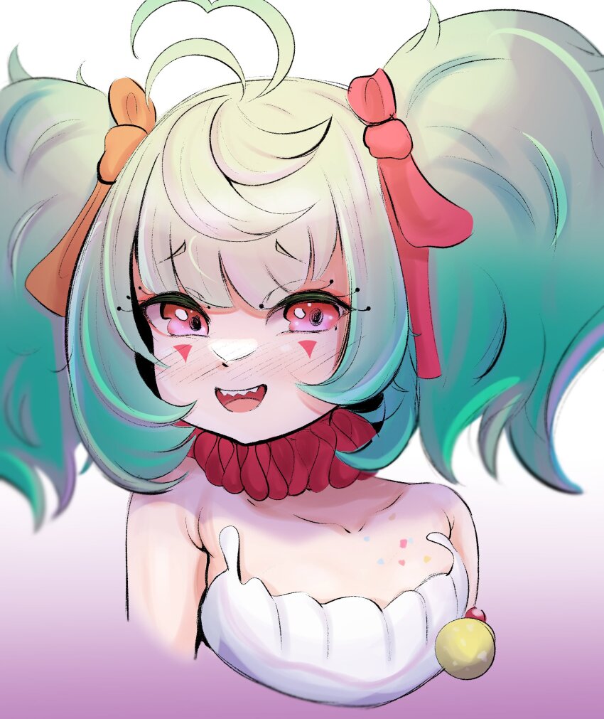 1girl absurdres ahoge armpit_crease bare_shoulders blunt_bangs blush boosauce03 choker collarbone coni_confetti eyelashes facial_mark frilled_choker frills green_hair highres chromashift looking_at_viewer neck_ruff open_mouth red_choker red_eyes red_ribbon ribbon sharp_teeth short_twintails sidelocks simple_background smile solo teeth twintails upper_teeth_only virtual_youtuber