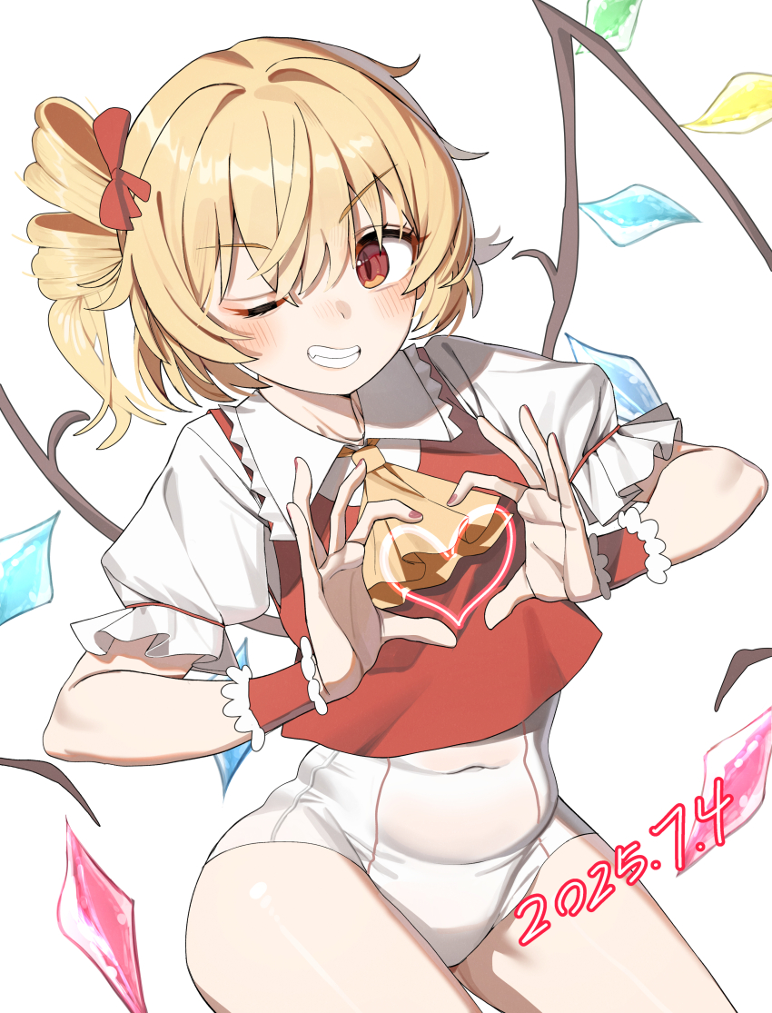 1girl absurdres blonde_hair covered_navel crystal_wings dated flandre_scarlet four-finger_heart_hands grin hair_between_eyes heart heart_hands highres looking_at_viewer medium_hair nail_polish one-piece_swimsuit one_eye_closed red_eyes red_nails red_vest shirt short_sleeves side_ponytail smile solo swimsuit teeth thighs touhou vampire vest white_background white_one-piece_swimsuit white_shirt wrist_cuffs ylong