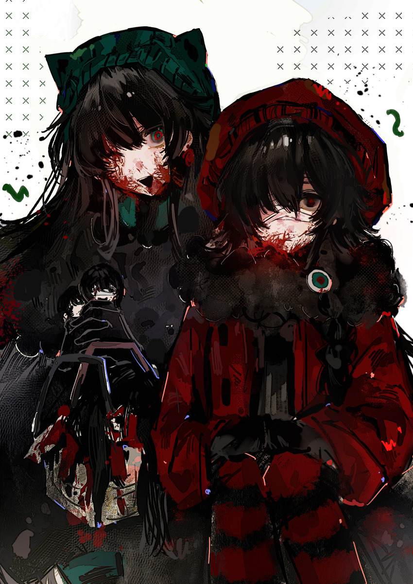 2girls absurdres basket black_capelet black_dress black_eyes black_gloves black_hair blood blood_on_clothes blood_on_face capelet chinese_commentary collared_capelet commentary_request dress fur-trimmed_jacket fur_trim gloves green_eyes green_hat hat highres holding holding_basket huangdouliuhan jacket long_hair long_sleeves medium_hair multiple_girls naihe_(female)_(touqi_guaitan) naihe_(male)_(touqi_guaitan) official_alternate_costume one_eye_closed open_clothes open_jacket open_mouth pantyhose red_hat red_jacket red_pantyhose red_pupils siblings sisters smile striped_clothes striped_pantyhose touqi_guaitan wu_song_(female)_(touqi_guaitan) wu_song_(male)_(touqi_guaitan)