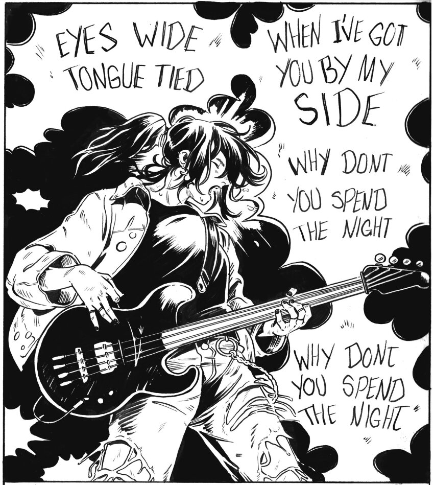 1girl bad_id bad_twitter_id bass_guitar black_nails cable chain closed_eyes cowboy_shot denim earrings bass_guitar english_text greyscale guitar_strap high_contrast highres holding holding_bass_guitar holding_instrument iceghost inactive_account instrument jacket jeans jewelry long_sleeves monochrome multiple_rings music open_clothes open_jacket open_mouth original pants playing_bass_guitar playing_instrument ponytail ring shirt singing solo speech_bubble standing sweat torn_clothes torn_jeans torn_pants