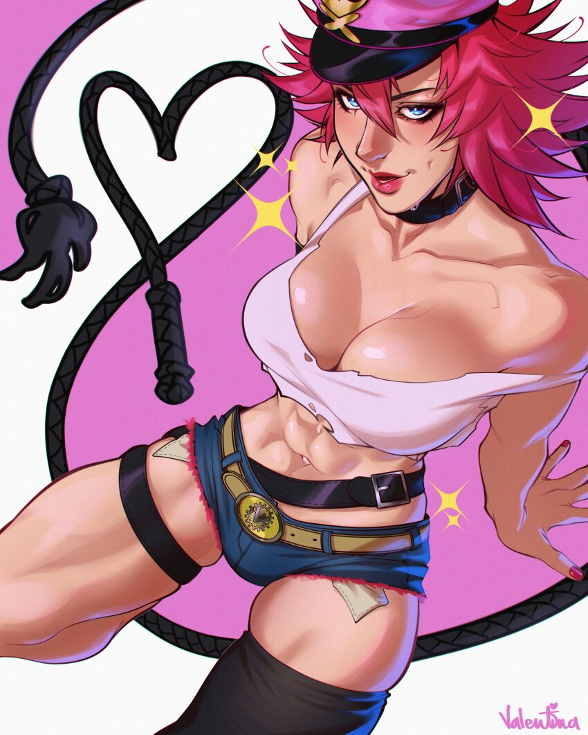 1girl absurdres blue_eyes breasts crop_top denim denim_shorts hat highres large_breasts long_hair peaked_cap pink_hair pink_lips poison_(final_fight) short_hair short_shorts shorts spiked_hair street_fighter street_fighter_v tank_top thigh_strap toned toned_female valentina_tavolilla whip white_tank_top