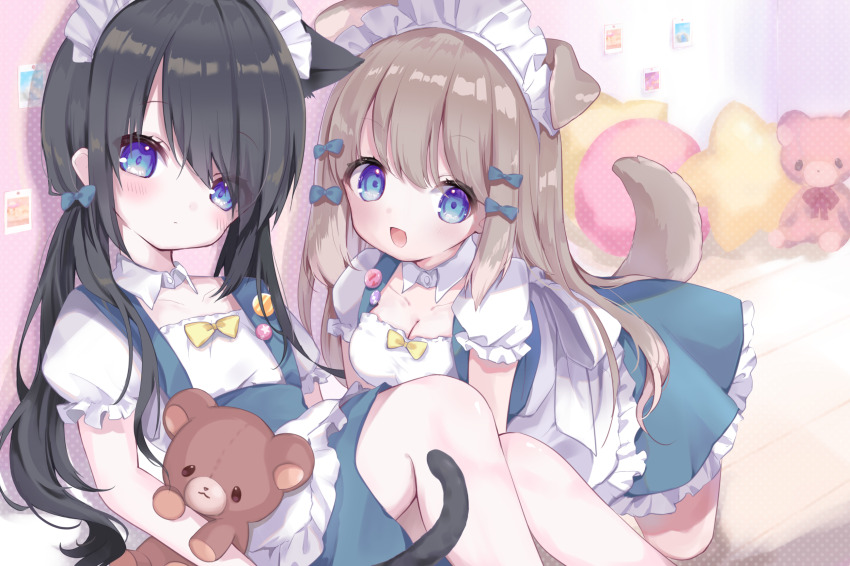 2girls :d animal_ears black_hair blue_bow blue_eyes blush bow breasts brown_hair cat_ears cat_girl cat_tail cleavage closed_mouth collar commentary_request detached_collar dog_ears dog_girl dog_tail hair_bow highres holding_teddy_bear looking_at_viewer maid maid_headdress moeko_(moeko0903) multiple_girls open_mouth original pin puffy_short_sleeves puffy_sleeves short_sleeves smile stuffed_animal stuffed_toy tail teddy_bear white_collar yellow_bow