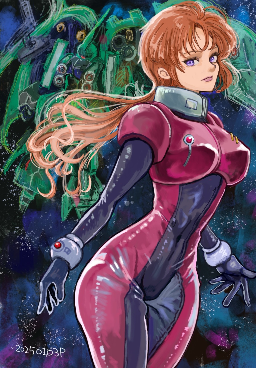 1girl blush bodysuit breasts closed_mouth gloves gundam gundam_unicorn highres kshatriya long_hair looking_at_viewer marida_cruz mecha_pilot_suit military neo_zeon okrdisk2000 orange_hair ponytail purple_eyes robot