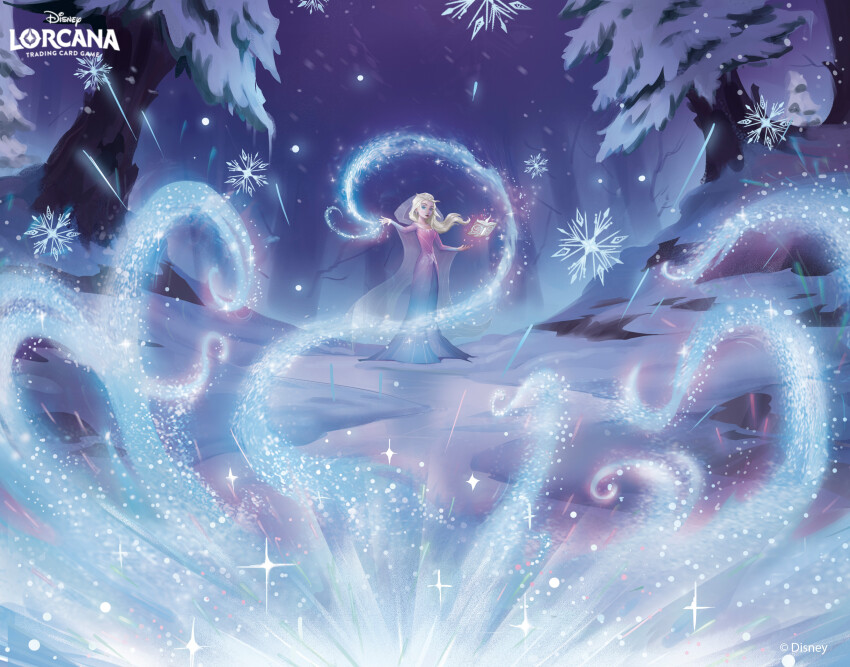 1girl absurdres blue_dress blue_eyes book copyright_name cristian_romero disney_lorcana dress elsa_(frozen) frozen_(disney) gradient_clothes gradient_dress grimoire highres logo looking_at_viewer magic open_book outdoors pine_tree pink_dress snow snowflakes solo tree two-tone_dress white_hair