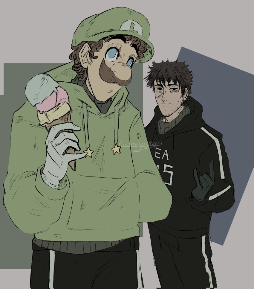 2boys \n/ afraid_of_monsters bags_under_eyes beard_stubble big_nose black_eyes black_hoodie blue_eyes brown_hair curly_hair david_leatherhoff facial_hair food gloves green_hat green_hoodie grey_background grey_sweater hand_in_pocket hat highres holding holding_ice_cream_cone hood hood_down hoodie ice_cream ice_cream_cone lisleepyam looking_at_another looking_at_viewer luigi mario_(series) messy_hair multiple_boys multiple_scoops mustache nintendo print_hoodie rectangle scar scar_on_face short_hair star_(symbol) stubble super_mario_bros._1 sweater upper_body white_gloves
