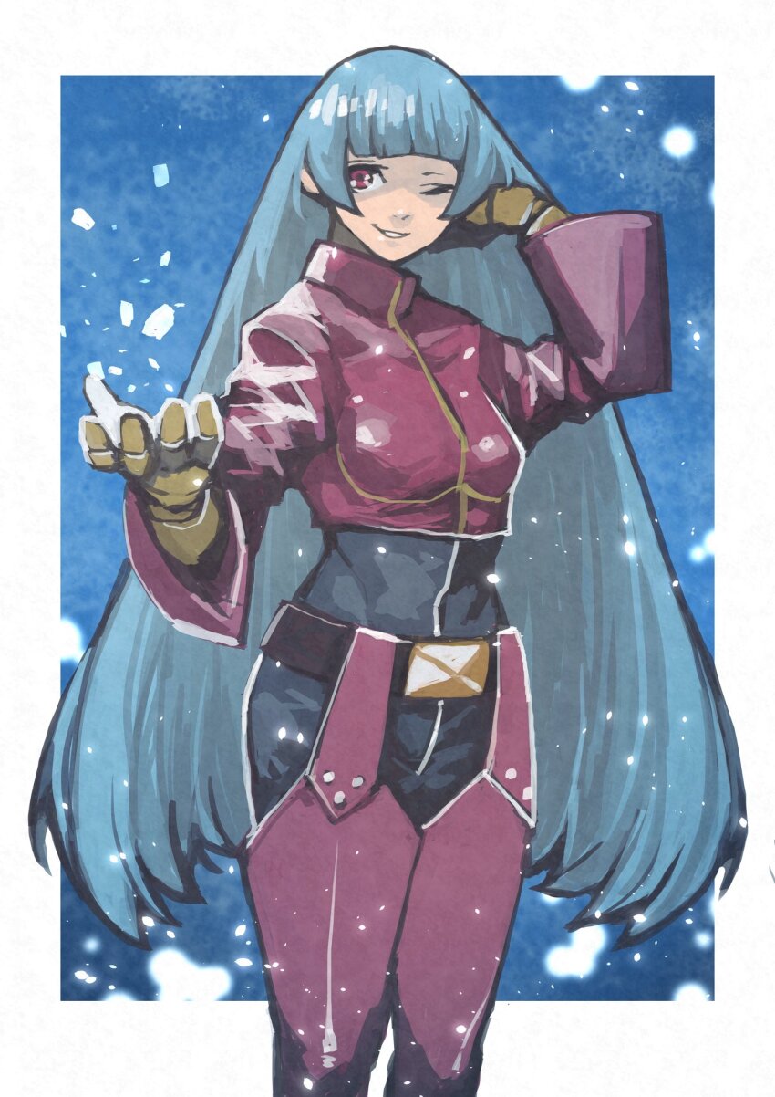 1girl blue_hair border e-kaki gloves grin hand_in_own_hair happy highres kula_diamond long_hair one_eye_closed red_eyes smile snowing solo the_king_of_fighters white_border yellow_gloves