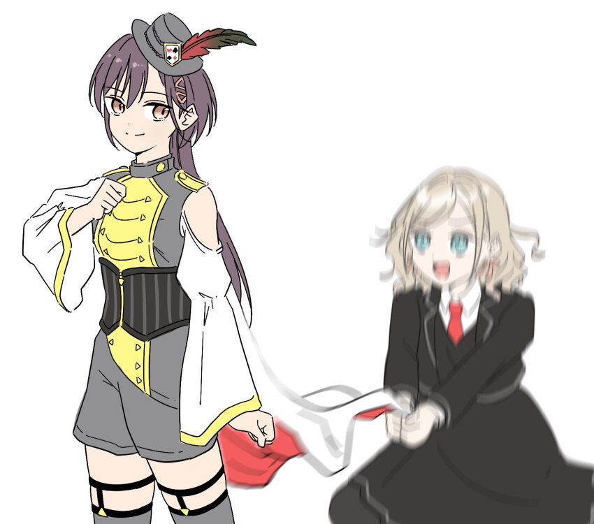 2girls :d bare_shoulders black_jacket black_pantyhose black_skirt blazer blue_eyes blurry brown_eyes cape ceras_yanagida_lilienfeld closed_mouth clothing_cutout club_(shape) collared_shirt commentary_request cowboy_shot diamond_(shape) dress_shirt edel_note edelied grey_hair grey_hat grey_shorts hair_ornament hat heart highres jacket katsuragi_izumi legwear_garter link!_like!_love_live! llkapital long_hair looking_at_another love_live! mizukawa_school_uniform motion_blur multiple_girls necktie open_clothes open_jacket open_mouth pantyhose red_cape red_necktie school_uniform shirt shorts shoulder_cutout simple_background skirt smile spade_(shape) split_mouth standing triangle_hair_ornament two-sided_cape two-sided_fabric v-shaped_eyebrows very_long_hair virtual_youtuber wavy_hair white_background white_cape white_shirt wolf_cut