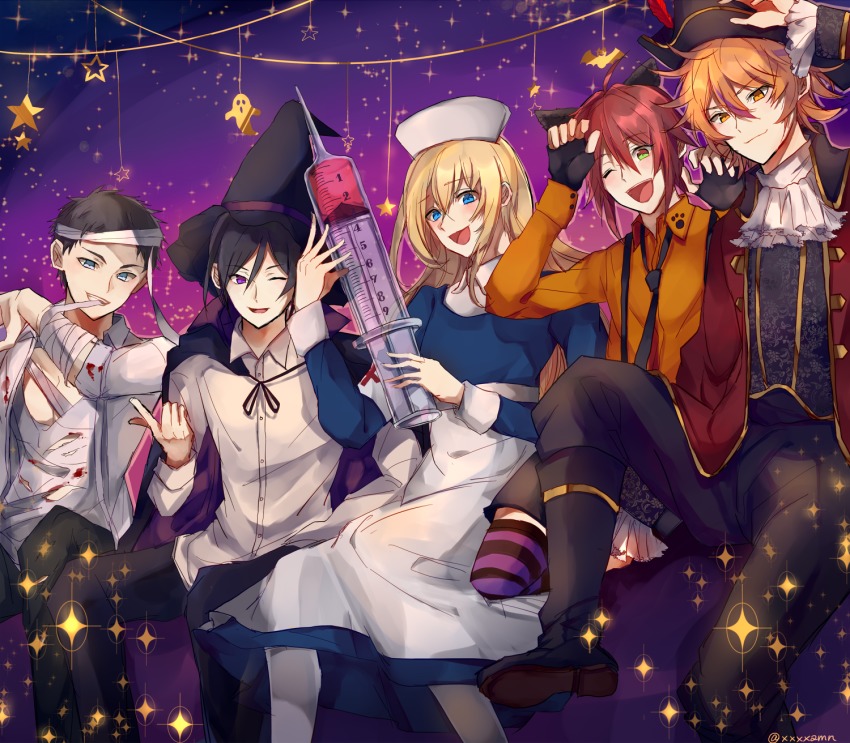10s 5boys :d ;d animal_ears ascot atsushi_toushirou bad_id bad_pixiv_id bandages black_gloves black_hair blonde_hair blood blue_eyes brown_eyes brown_hair cape cat_boy cat_ears dress fingerless_gloves gloves gotou_toushirou green_eyes grey_eyes grin halloween hat highres kneehighs large_syringe male_focus midare_toushirou multiple_boys nurse nurse_cap one_eye_closed open_mouth oversized_object pantyhose pirate_hat purple_eyes red_hair shinano_toushirou shorts sitting smile socks sparkle star_(symbol) striped_clothes striped_legwear striped_thighhighs suna_(sngm025) syringe thighhighs touken_ranbu trap witch_hat yagen_toushirou