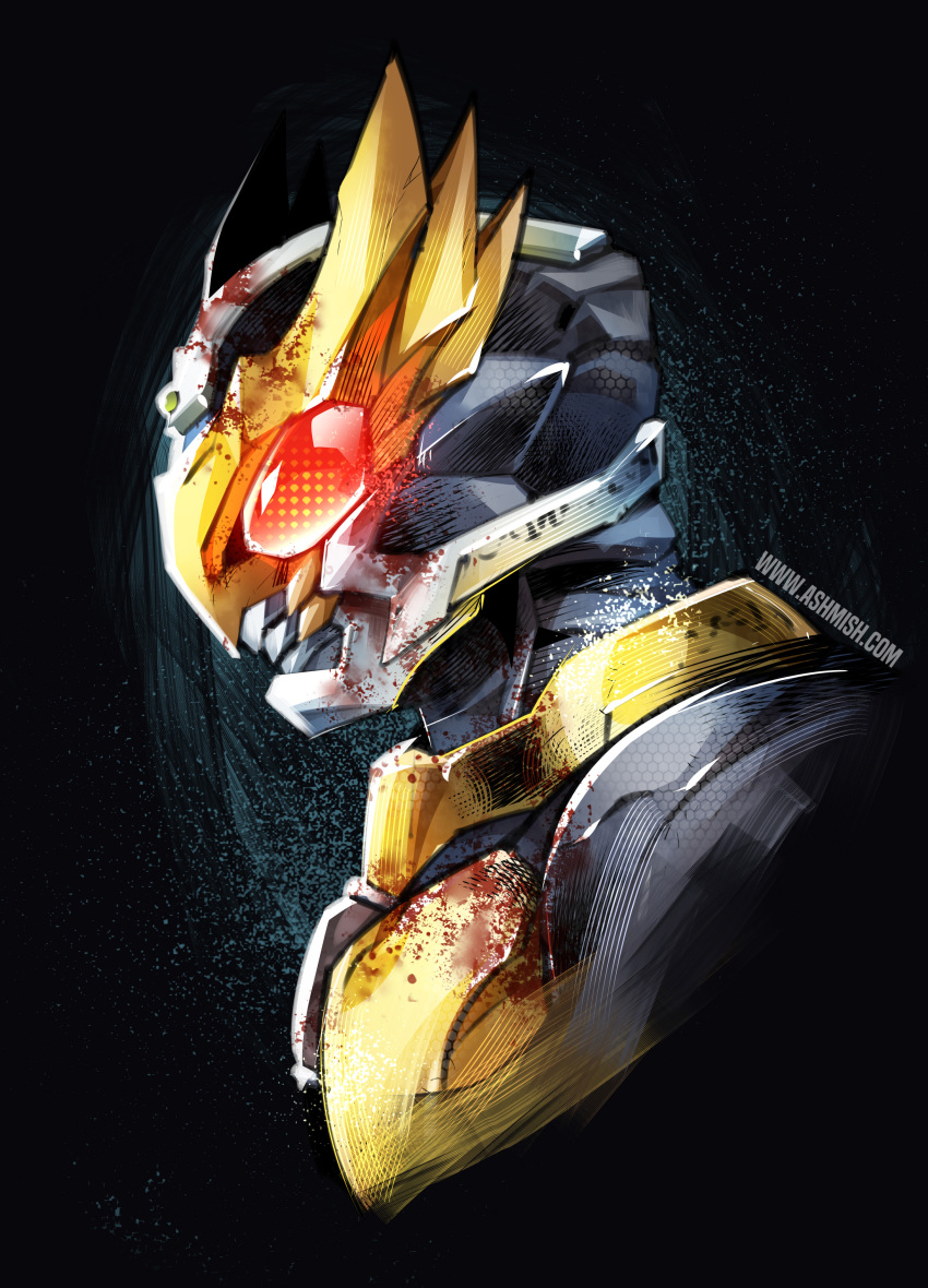 1boy absurdres agito_(ground_form) altering_(agito) armor ashmish black_bodysuit bodysuit gauntlets gold_armor highres kamen_rider kamen_rider_agito kamen_rider_agito_(series) male_focus red_eyes rider_belt spiked_armor tokusatsu upper_body