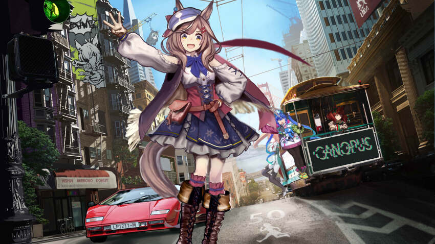 5girls absurdres animal_ears apartment arm_up bare_shoulders billboard black_bodysuit blue_hair blue_hat blush bodysuit boots breasts brown_boots brown_hair building cape car clothing_cutout commentary corset crosswalk ear_ornament ears_through_headwear full_body golden_gate_bridge gradient_hair gun hair_ornament hairclip handgun hat heterochromia highres horse_ears horse_girl horse_tail ikuno_dictus_(umamusume) juliet_sleeves kenny_(user_tewr7337) knee_boots lamborghini_countach lamppost long_sleeves looking_at_viewer matikane_tannhauser_(umamusume) medium_breasts medium_hair middle_w motor_vehicle multicolored_hair multiple_girls newsboy_cap nice_nature_(umamusume) open_mouth pillar puffy_sleeves real_life real_world_location revolver ribbon road_sign san_francisco shoulder_cutout sign smile solo solo_focus speed_limit_sign sports_car standing storefront streetcar taiki_shuttle_(umamusume) tail twin_turbo_(umamusume) umamusume w weapon window yellow_eyes