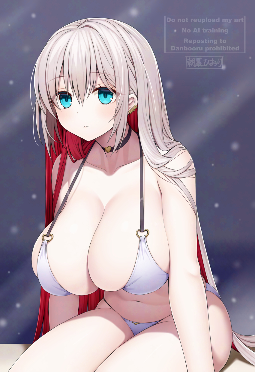 1girl :&lt; absurdres aqua_eyes asamura_hiori bare_arms bikini black_choker blush breasts brown_hair choker cleavage closed_mouth collarbone colored_inner_hair commentary_request hair_between_eyes highres huge_breasts long_hair multicolored_hair navel original red_hair sitting skindentation solo swimsuit thighs two-tone_hair white_background